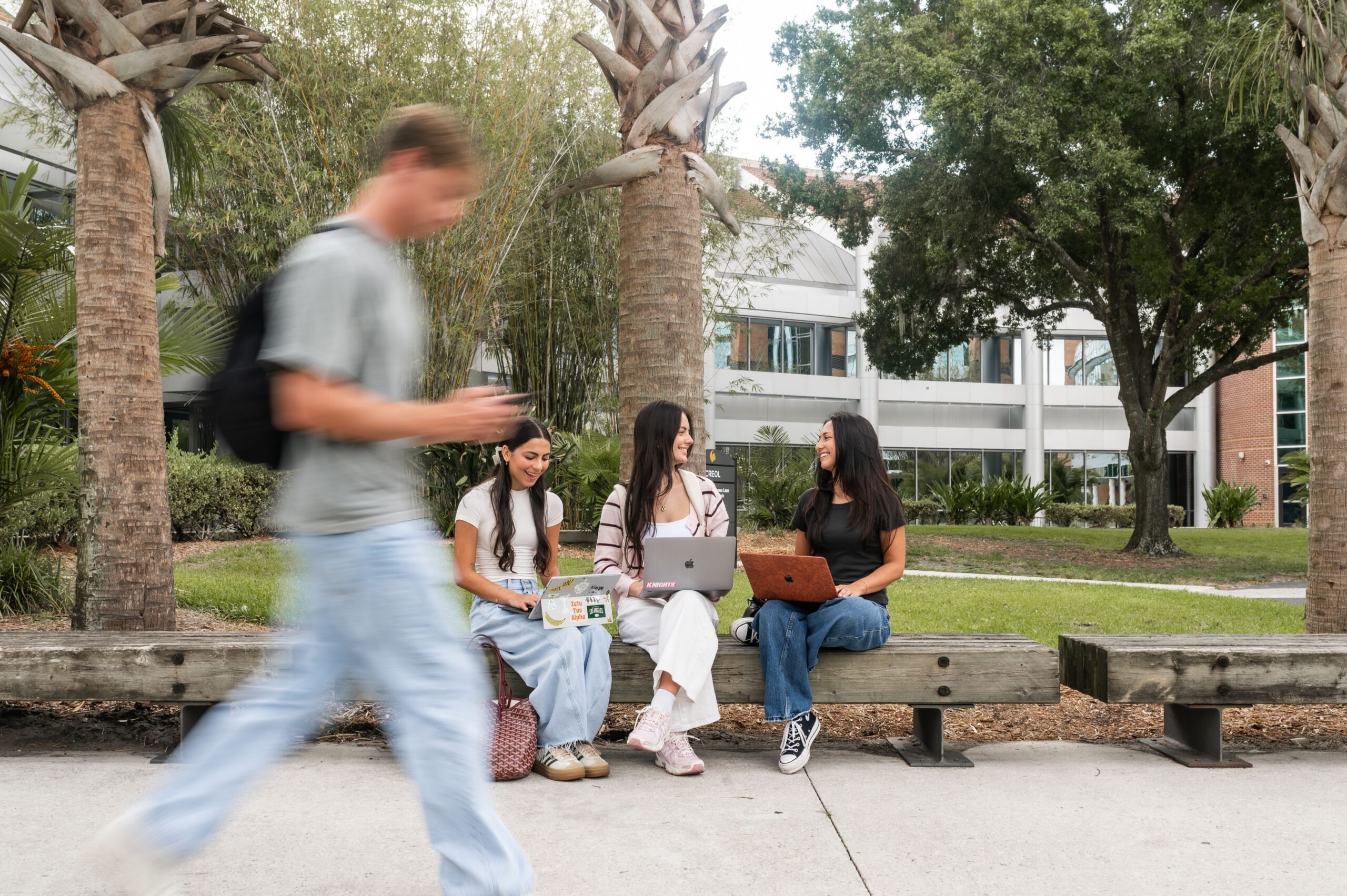 students using laptops on campus bench scaled