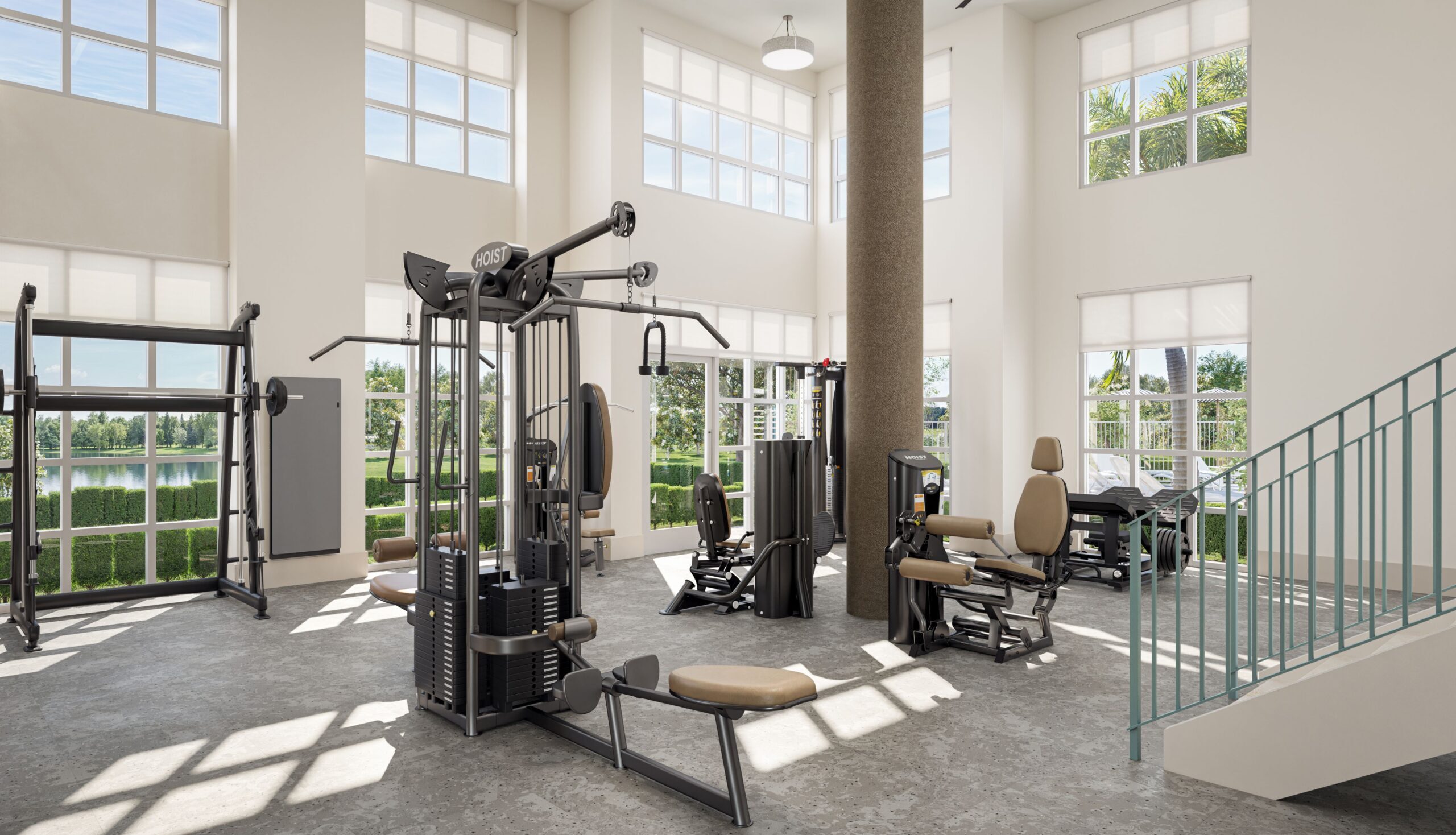 Fitness center with cable machine and strength training equipment