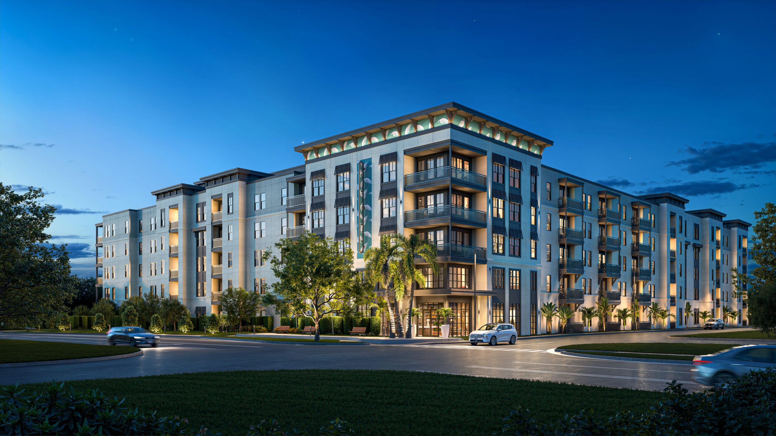 Exterior rendering of Palma Orlando at dusk