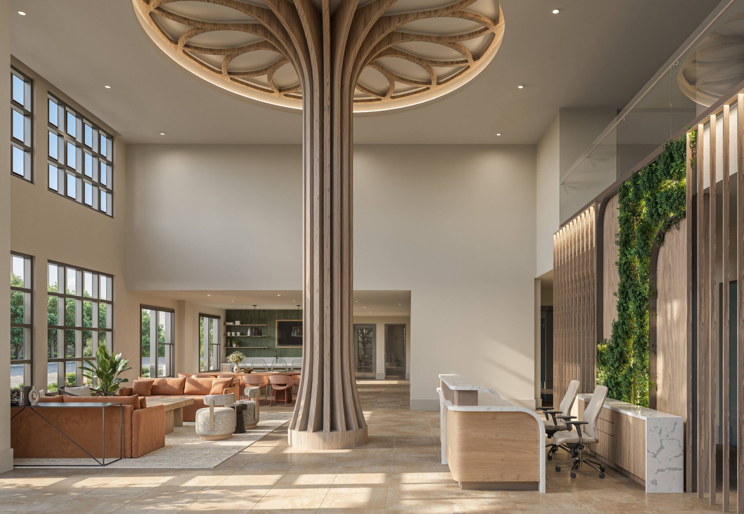 Lobby lounge and reception desk rendering at Palma Orlando